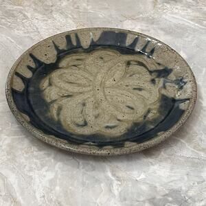 Studio Art Pottery Decorative Plate 8.5" Hand-Painted Floral Taupe Blue Design